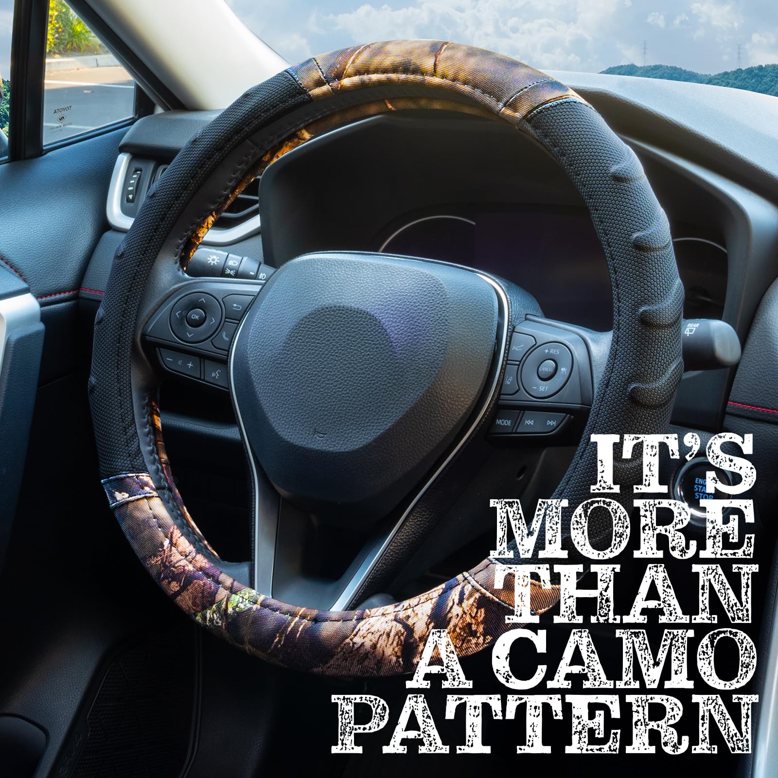 LPI Truck Mossy Oak steering wheel cover inside vehicle showing snug fit.