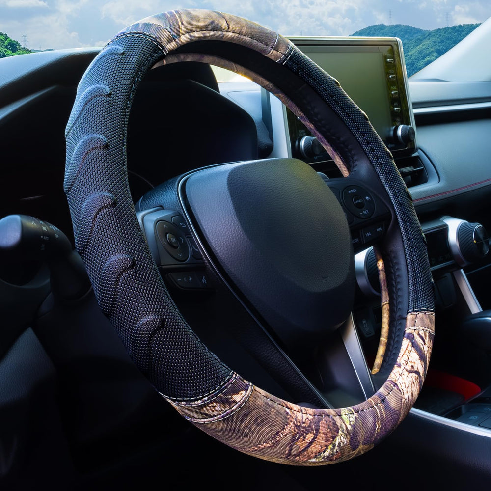 LPI Truck Mossy Oak steering wheel cover camouflage pattern with premium grip on wheel.