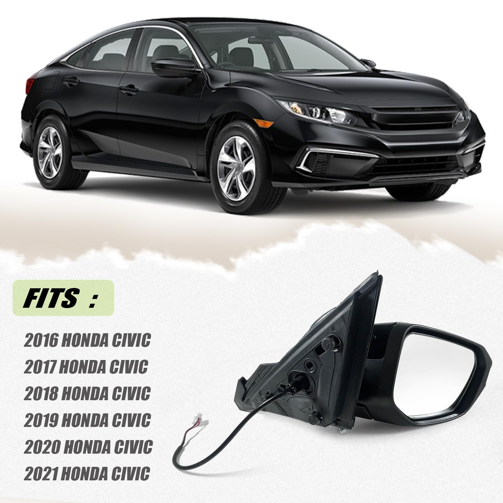 Lqito Honda Civic mirror with 3-wire harness fits 2016-2021 models
