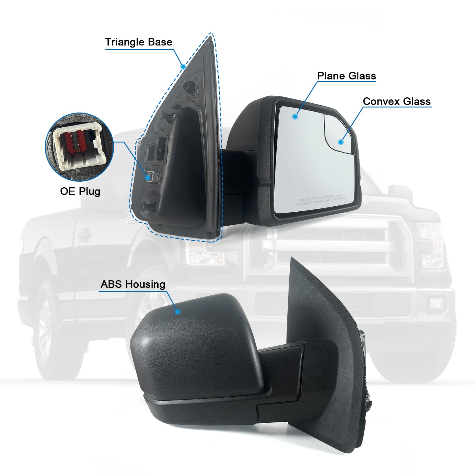 Lqito Ford F-150 replacement mirror provides power adjustment for quick positioning.