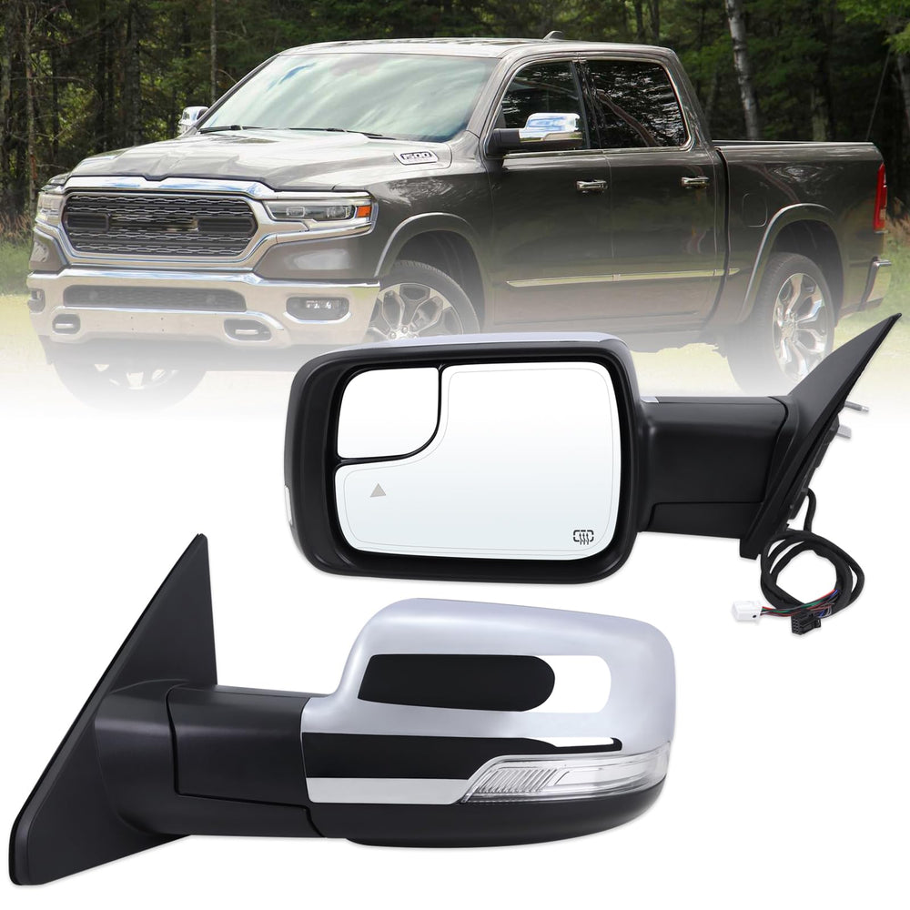 Lqito Ram 1500 left driver mirror assembly with chrome housing and OEM-replacement fit.