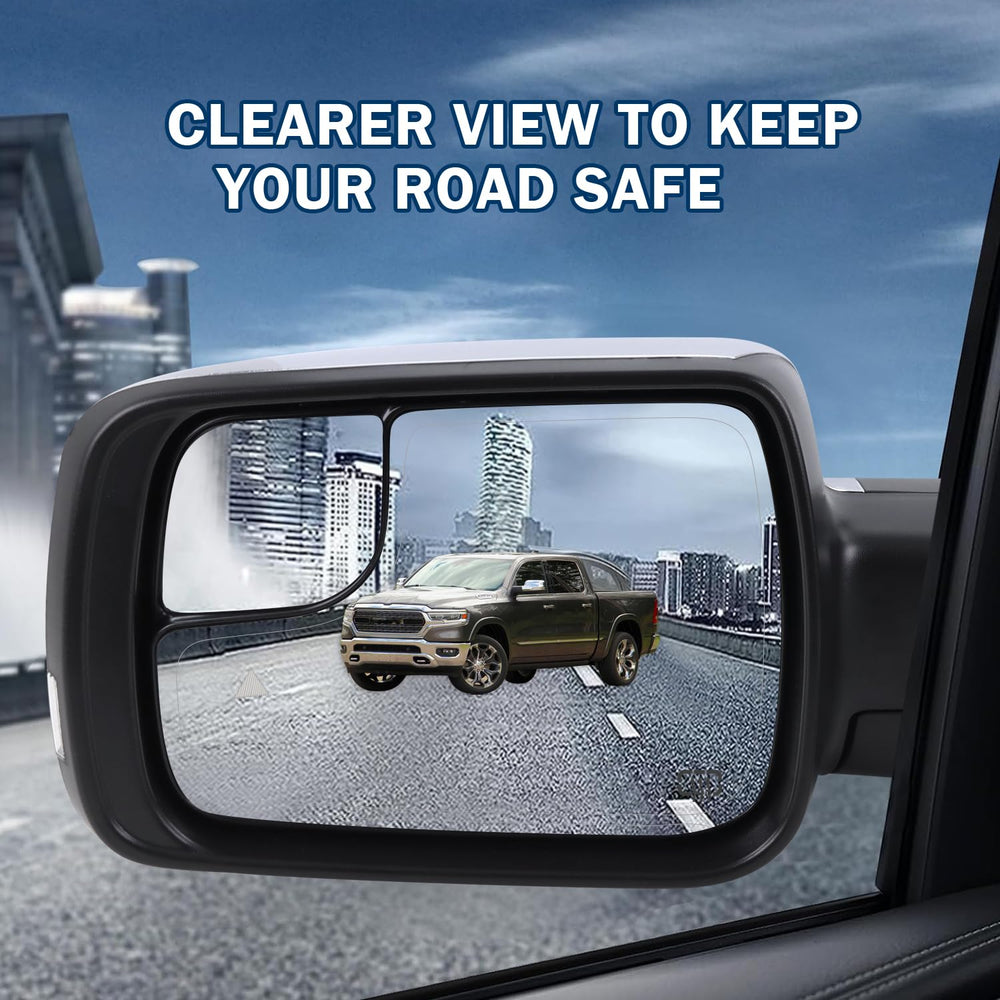 Lqito Ram 1500 left mirror blind-spot area supports safer lane changes.