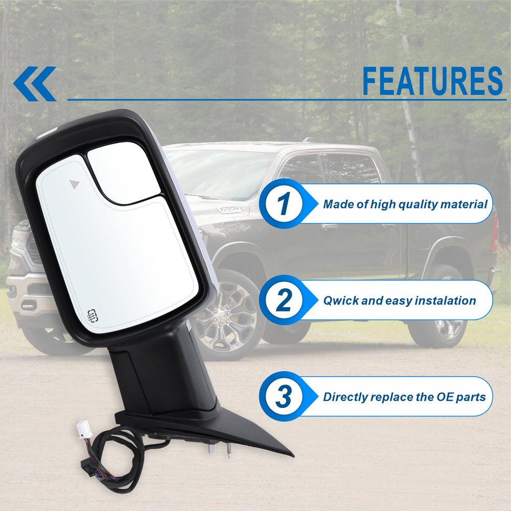 Lqito Ram 1500 left mirror heated glass for clear visibility in cold weather.