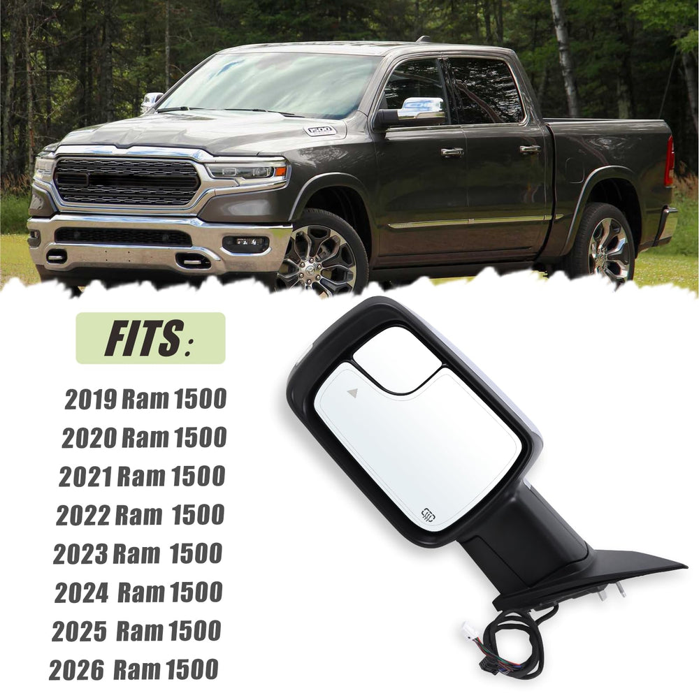 Lqito Ram 1500 left mirror puddle light improves nighttime visibility.