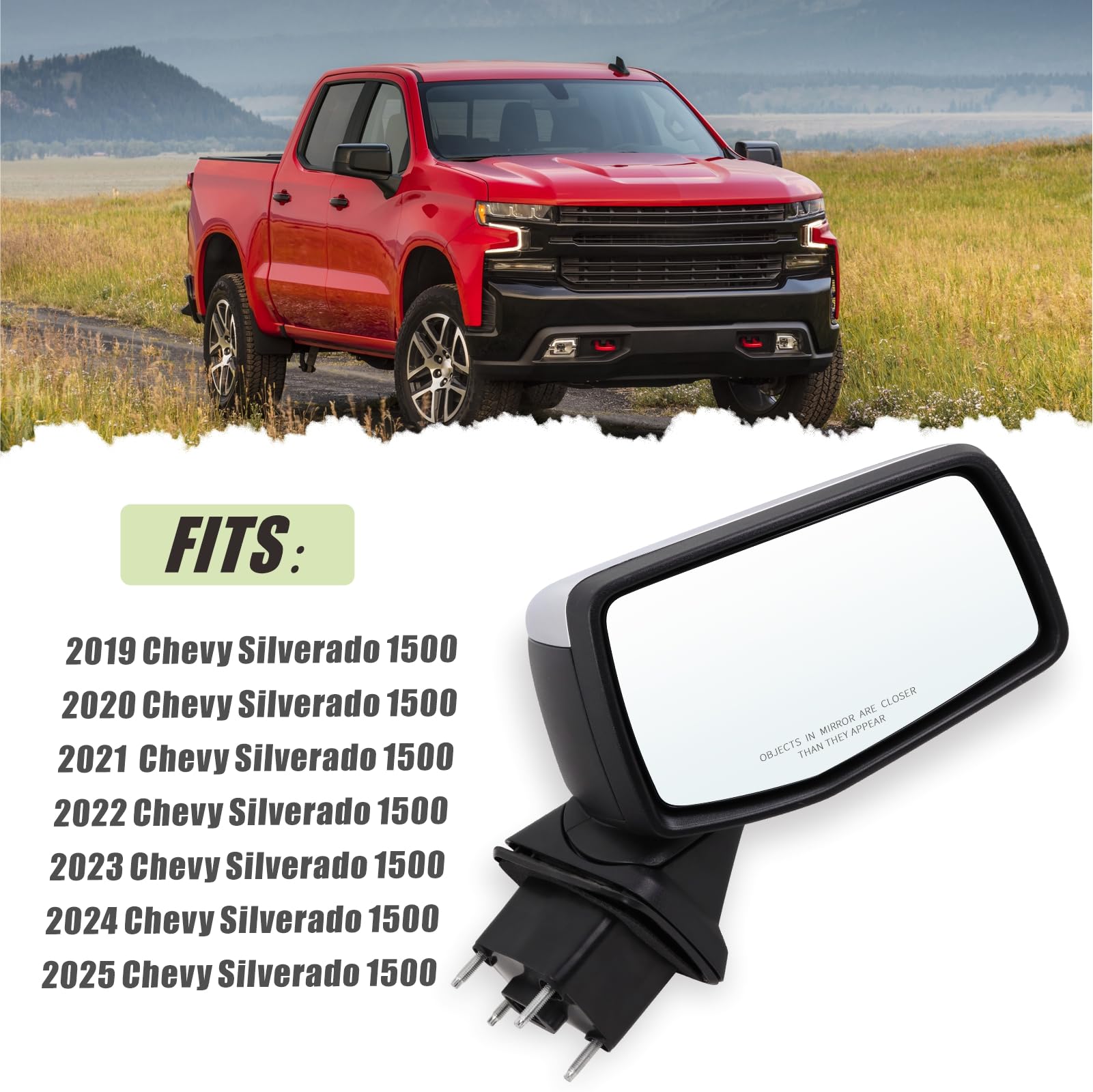 Lqito OEM replacement mirror for Silverado 1500, plug‑and‑play installation ready.