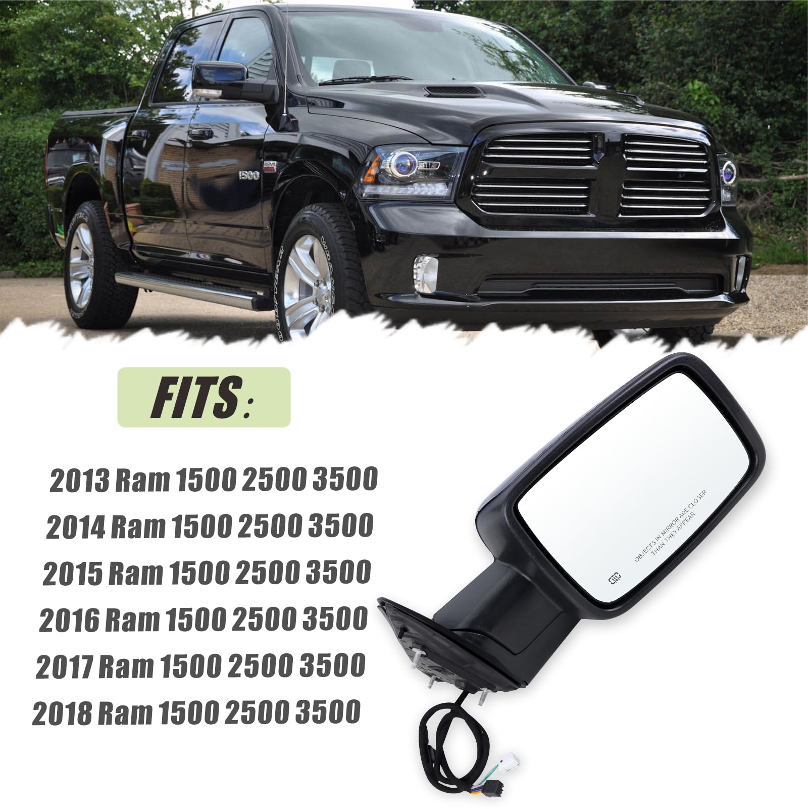 Lqito OEM-replacement mirror for Ram with PA66-GF30 housing.