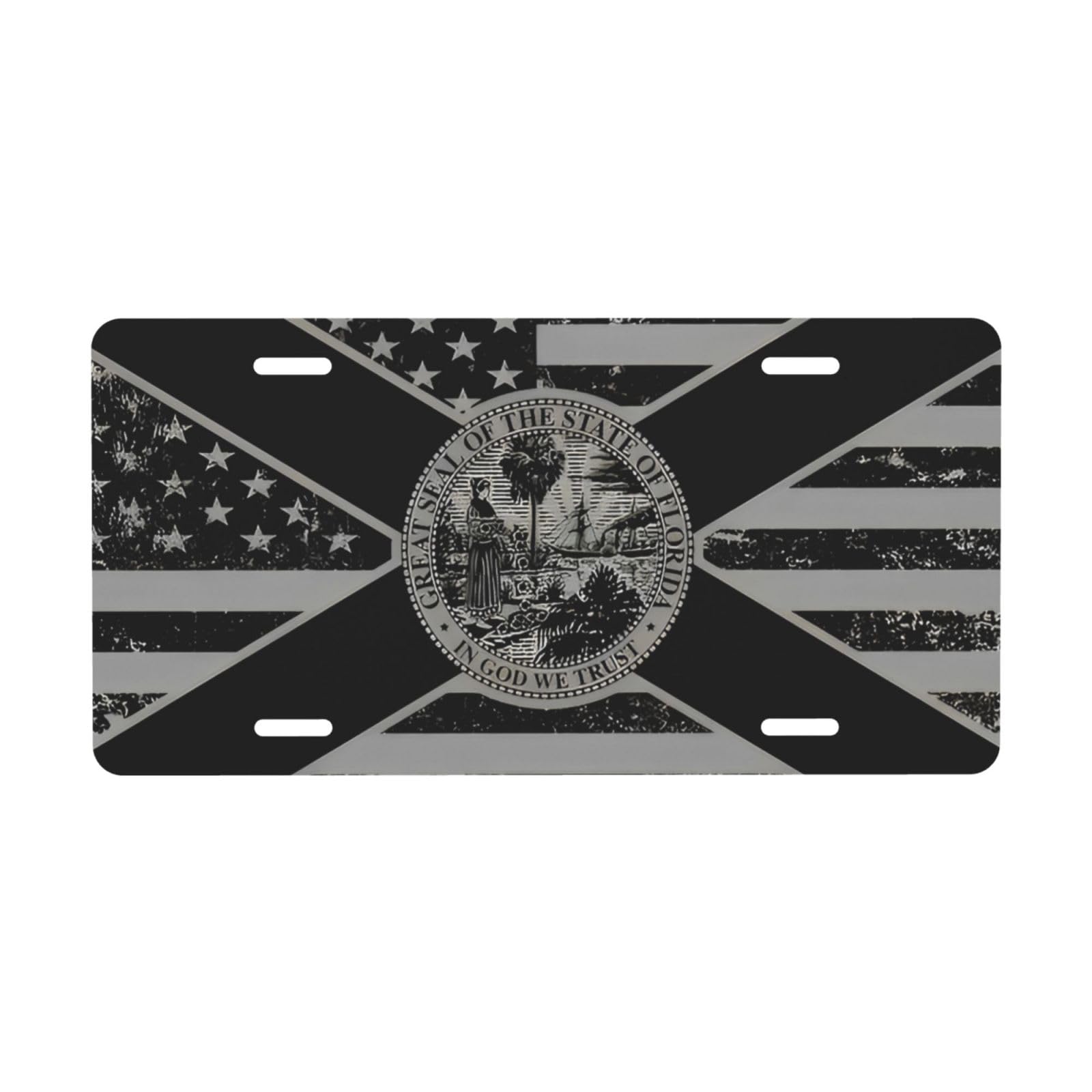 LRCCJS Black Florida flag license plate front view shows durable aluminum and crisp, fade-resistant colors