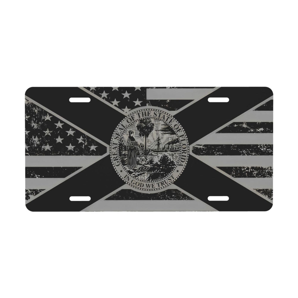 LRCCJS Black Florida flag license plate front view shows durable aluminum and crisp, fade-resistant colors
