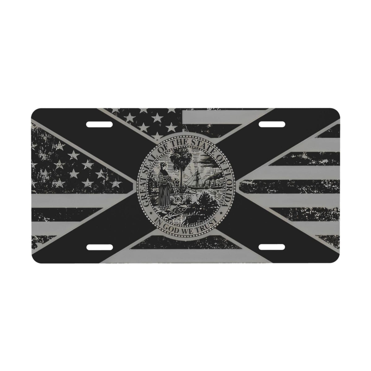 LRCCJS Black Florida flag license plate front view shows durable aluminum and crisp, fade-resistant colors