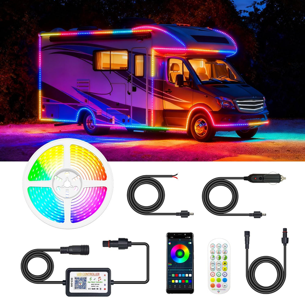 Lrimauix rainbow-effect RV awning light for vibrant campsite ambience.