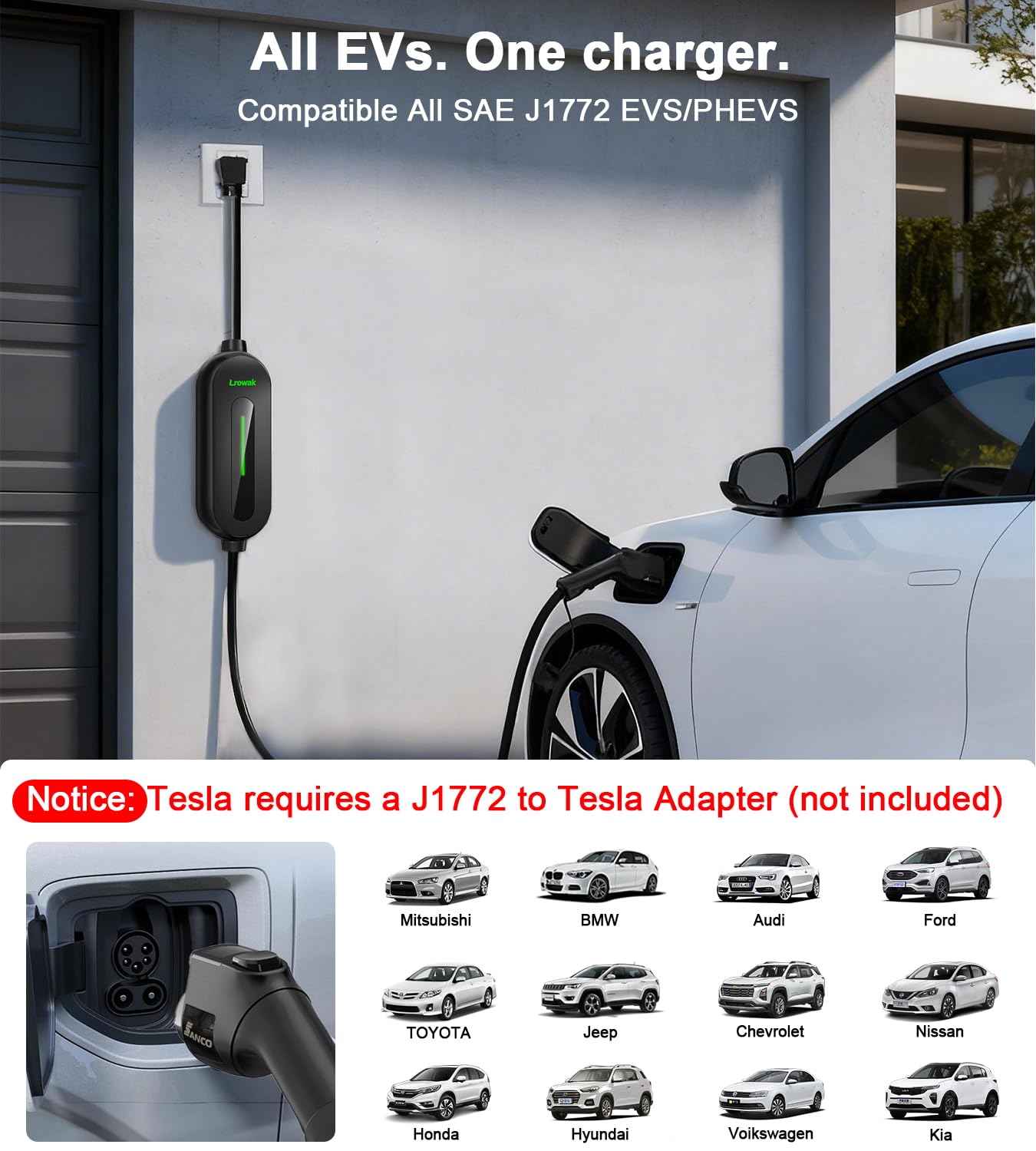 Lrowak travel-ready charger shown in a compact, portable form.