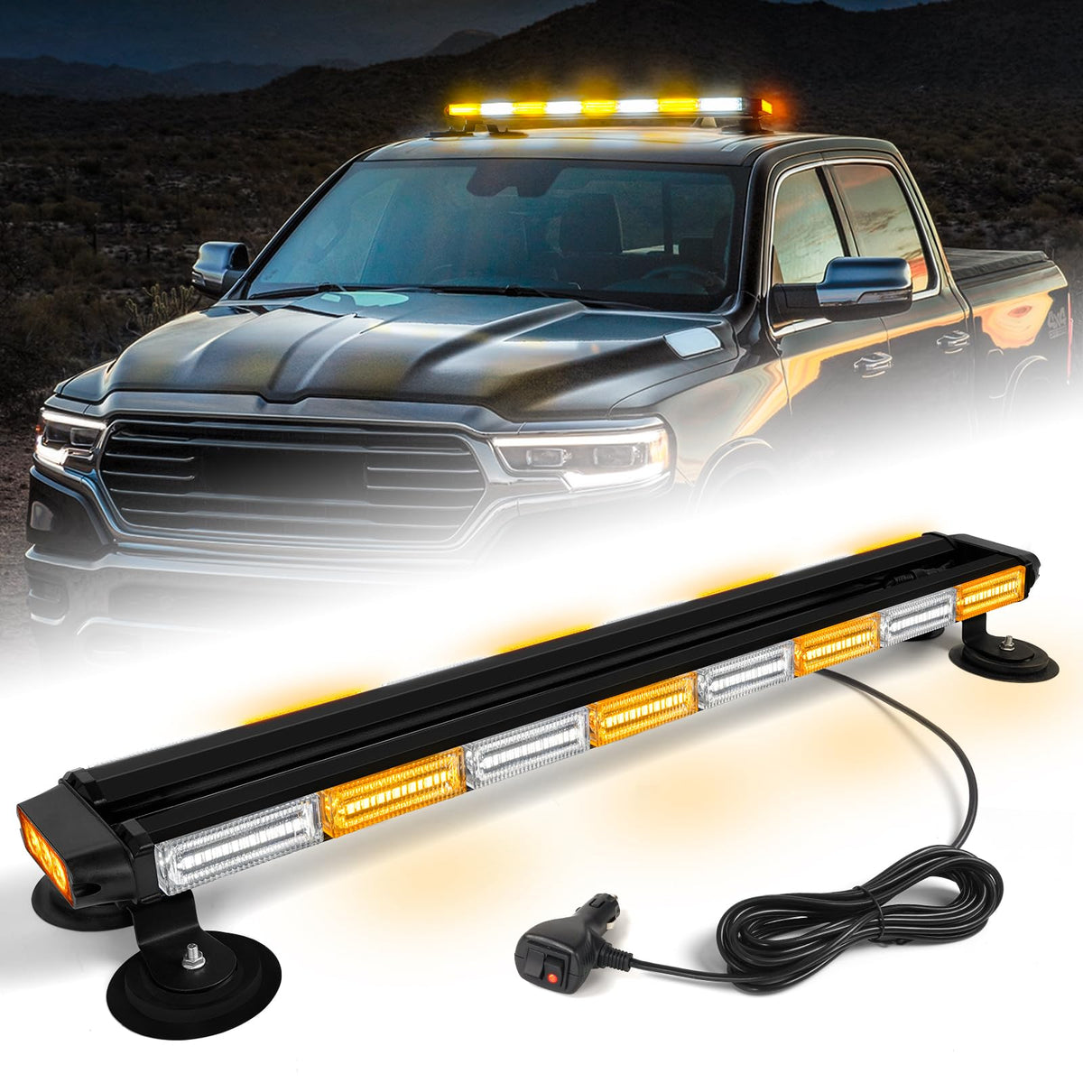 LRTER 34-inch emergency rooftop light bar with amber and white strobes for high visibility.