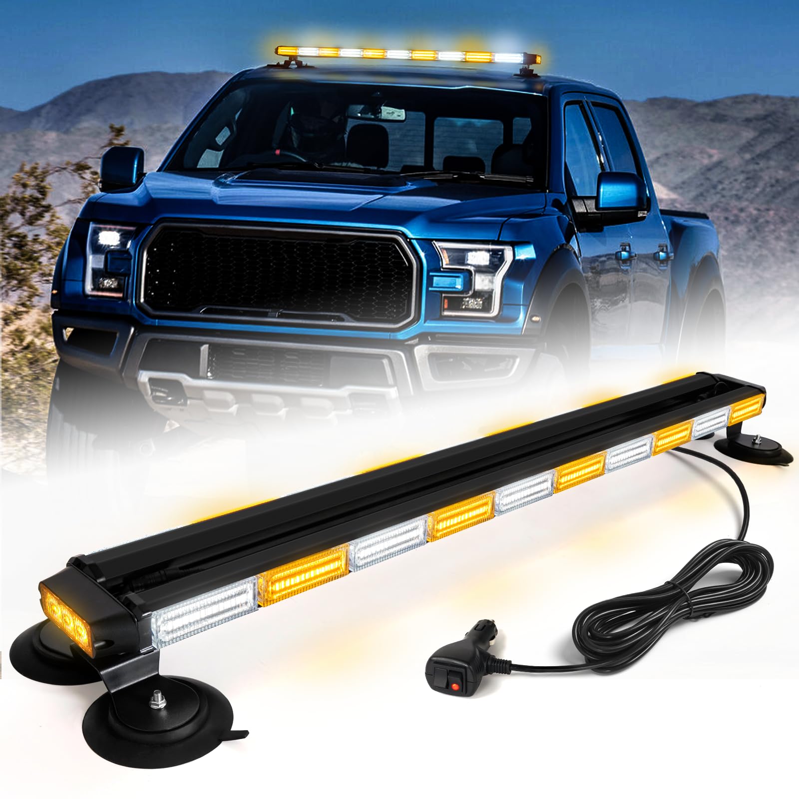 LRTER 42-inch roof-top strobe light bar mounted on vehicle roof for high visibility.
