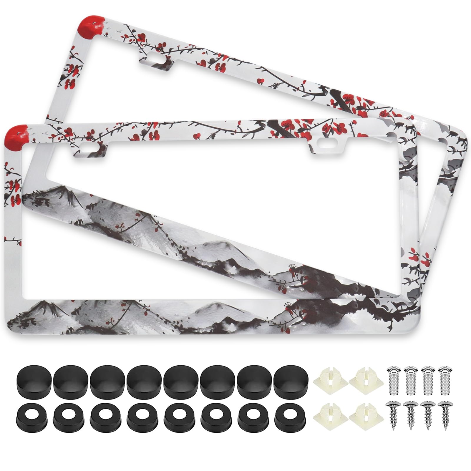 LRZJYDMB watercolor cherry blossom license plate frame, front view, rust-resistant stainless steel.