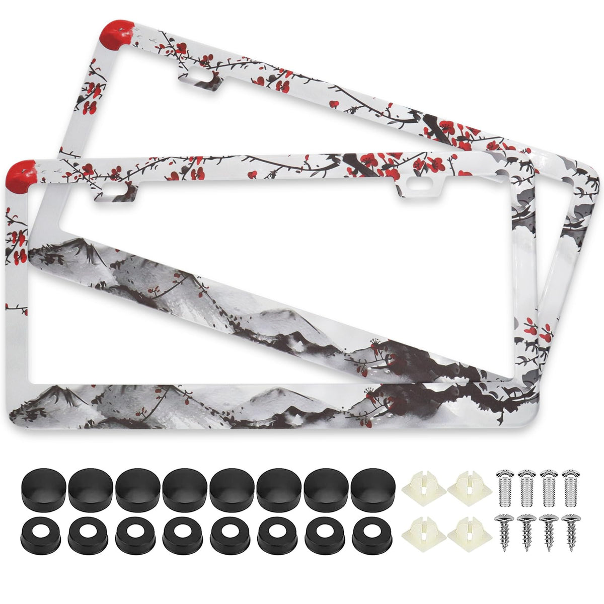 LRZJYDMB watercolor cherry blossom license plate frame, front view, rust-resistant stainless steel.