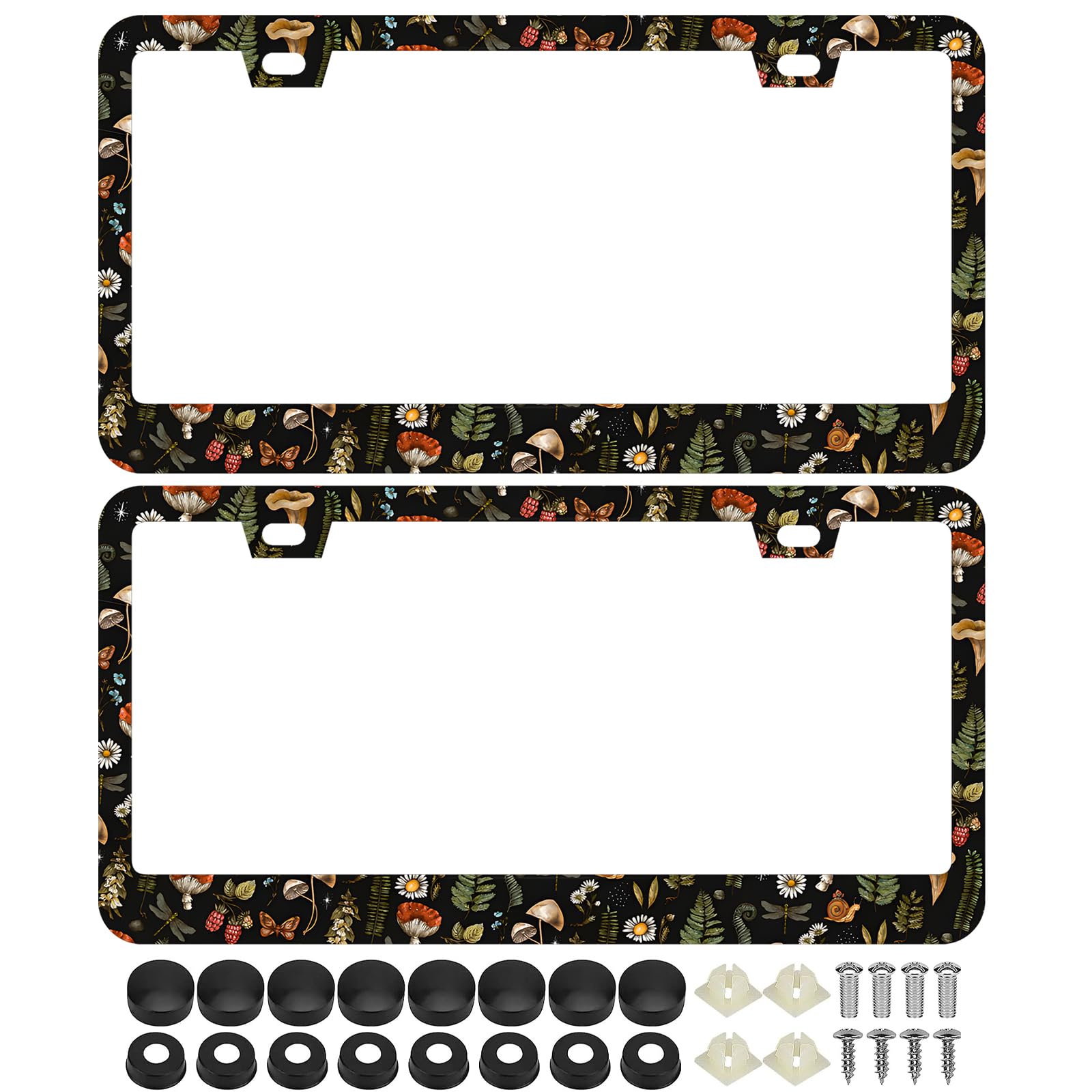 LRZJYDMB woodland-fern-dragonfly license frame front view shows rust-resistant stainless steel