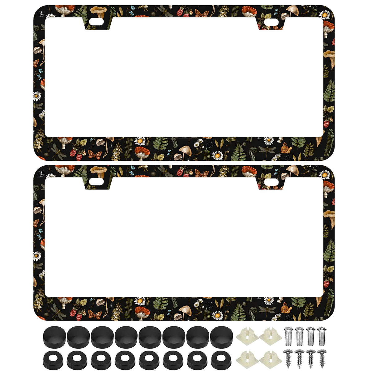 LRZJYDMB woodland-fern-dragonfly license frame front view shows rust-resistant stainless steel