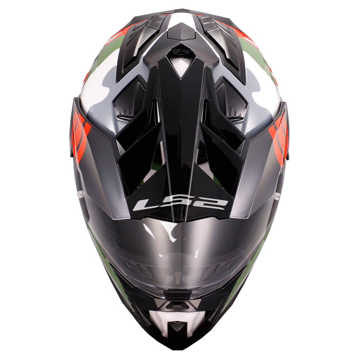LS2 Explorer XT Camox helmet close-up, showcasing Pinlock-ready visor details.