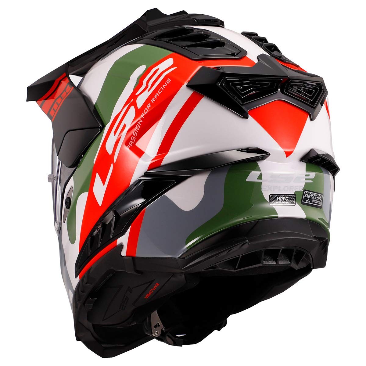 LS2 Explorer XT Camox helmet front view with sunshield and fog-free visibility.