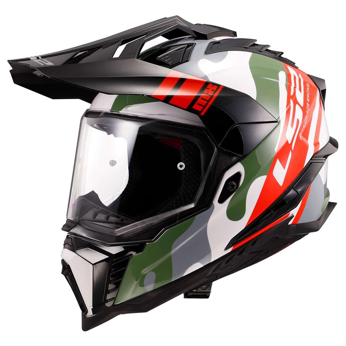 LS2 Explorer XT Camox helmet side view for rugged adventure rides.