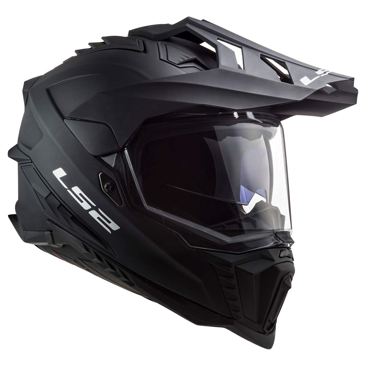 LS2 Explorer XT front view in matte black, durable fiberglass shell for highway adventures.