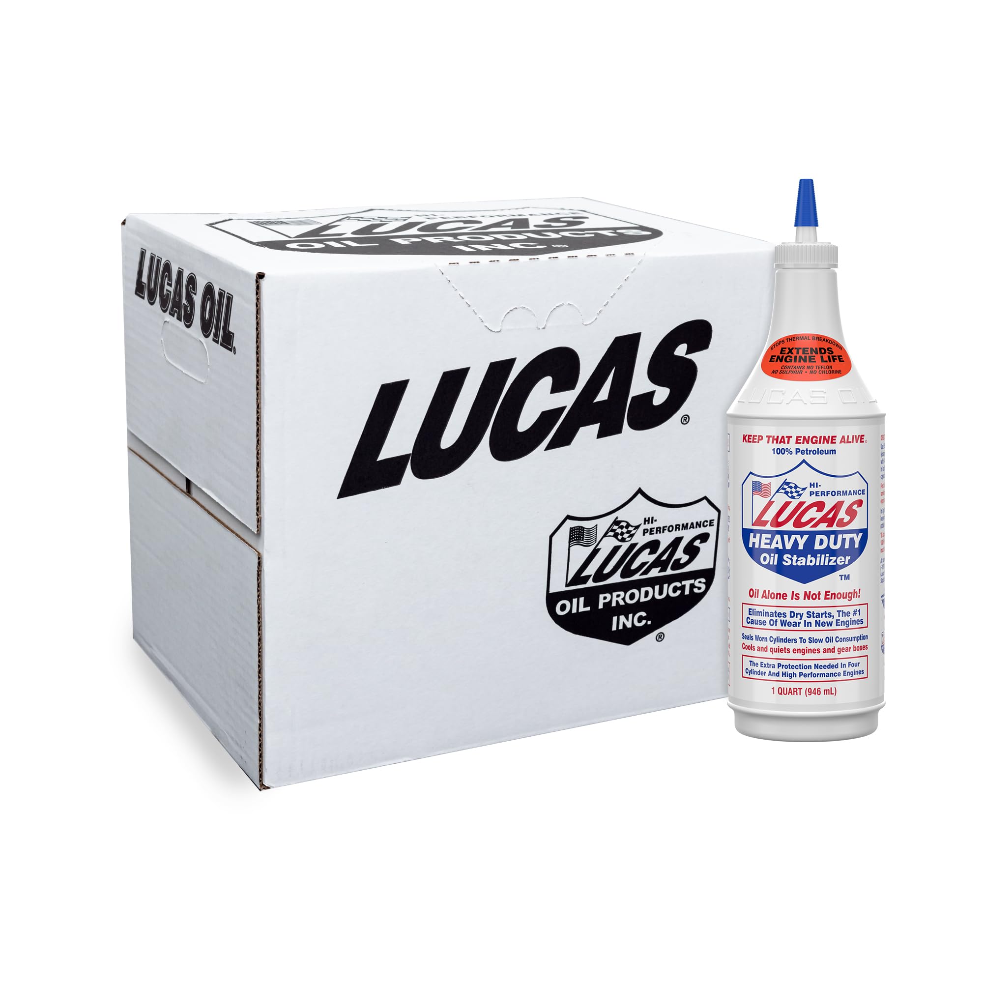 Lucas Oil 10001 bottle on shelf for heavy-duty engine protection.
