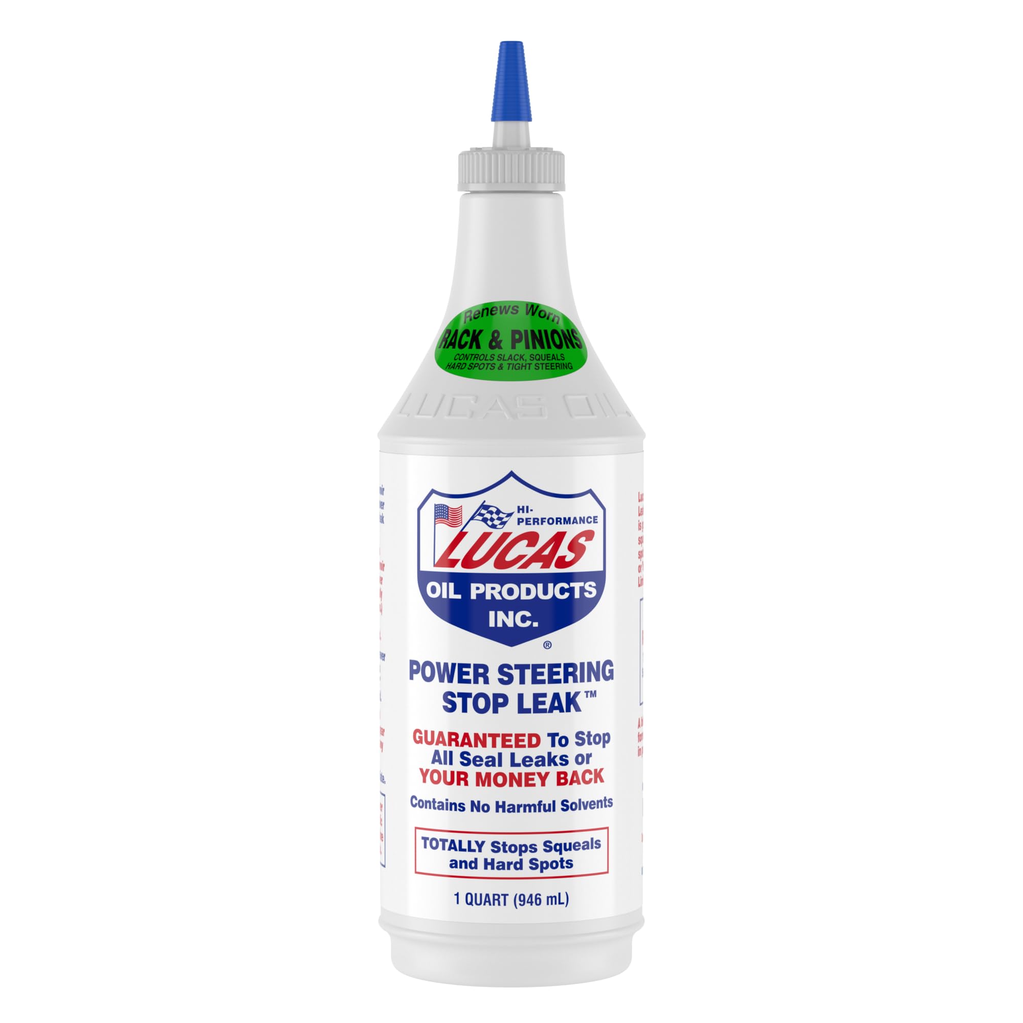 Lucas Oil 10011-PK12 power steering stop leak bottle showing 1-qt size for sealing leaks