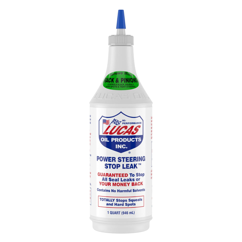 Lucas Oil 10011-PK12 power steering stop leak bottle showing 1-qt size for sealing leaks