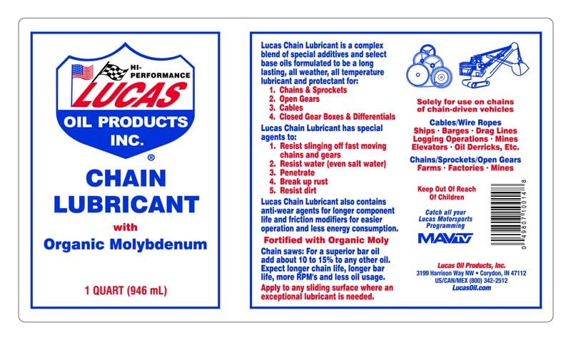 Lucas Oil 10014 application image shows extreme pressure protection for sprockets and open gears.