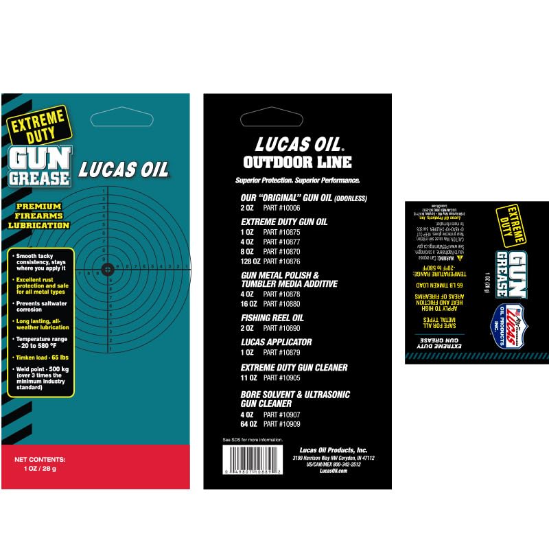 Lucas Oil Extreme Duty Grease Gun 1oz packaging highlights the 6-count box