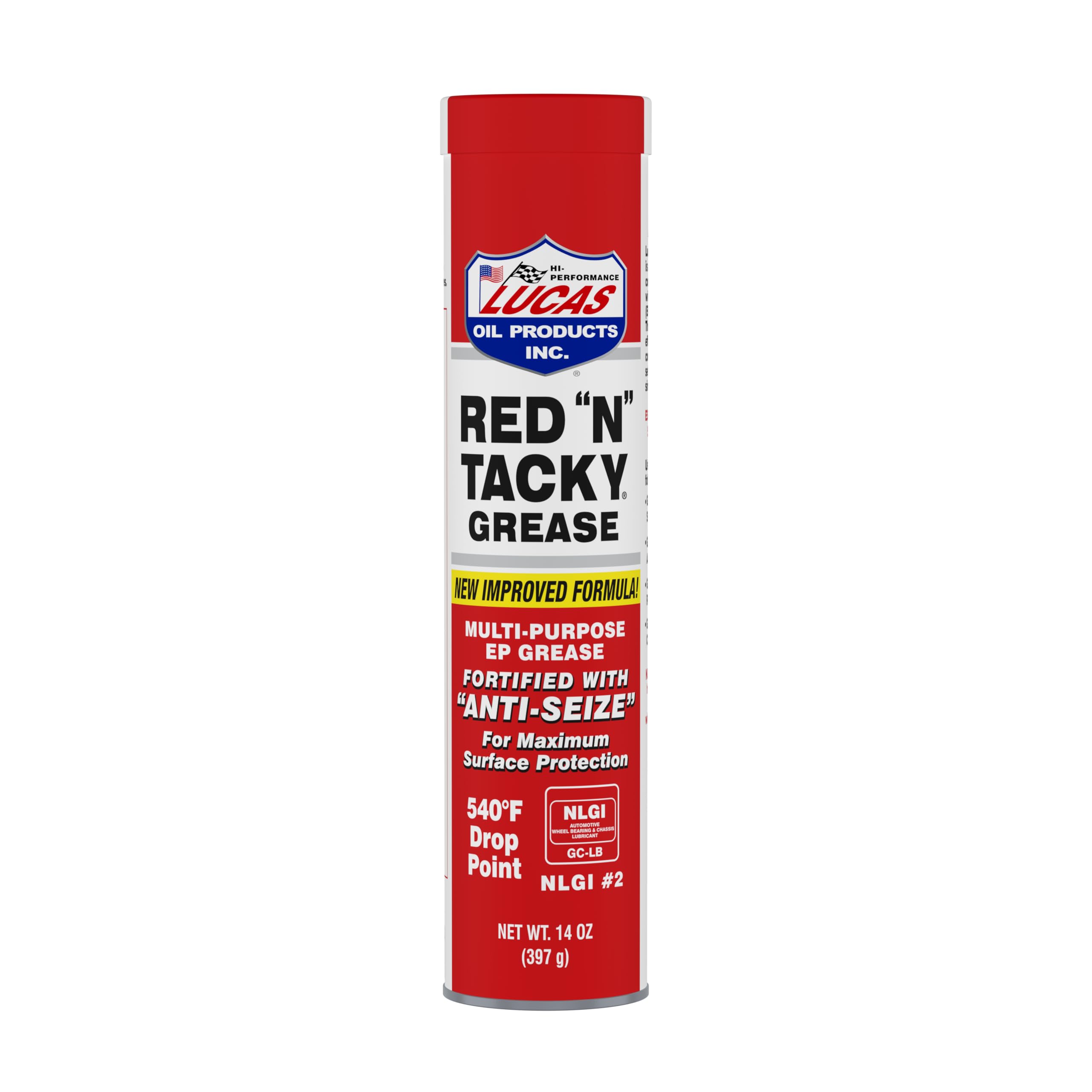 Lucas Oil Red N Tacky Grease 14 oz cartridge close-up showing tacky texture for heavy-duty lubrication.