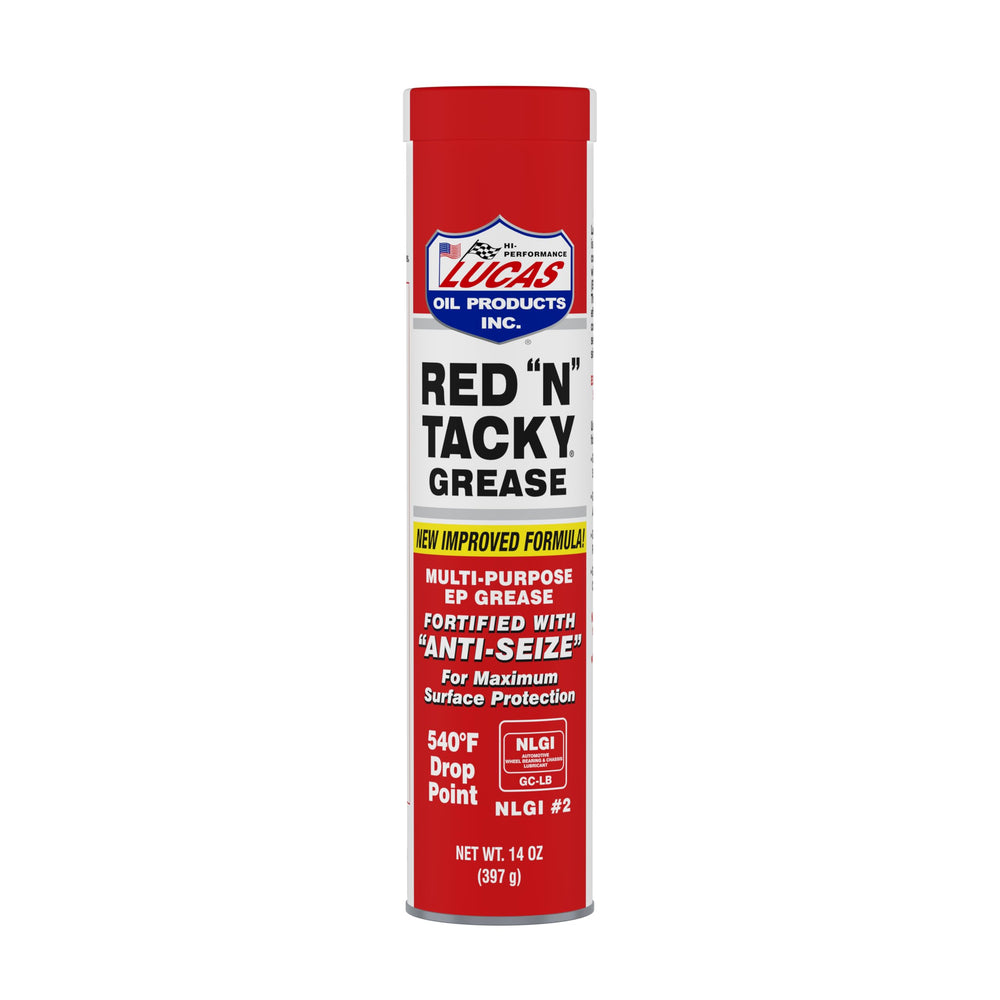 Lucas Oil Red N Tacky Grease 14 oz cartridge close-up showing tacky texture for heavy-duty lubrication.