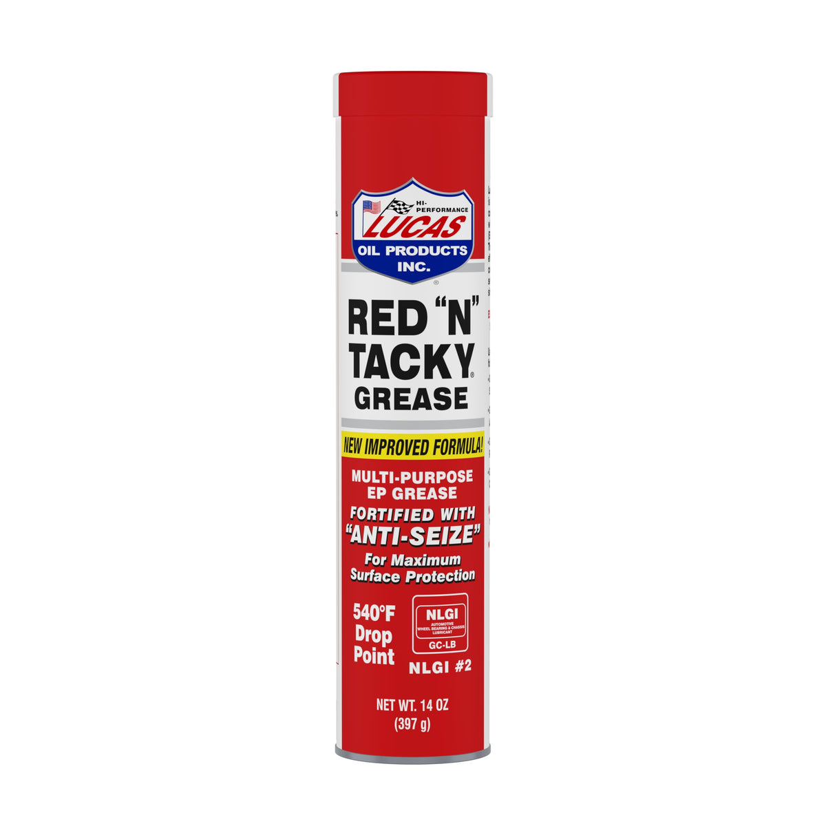 Lucas Oil Red N Tacky Grease 14 oz cartridge close-up showing tacky texture for heavy-duty lubrication.