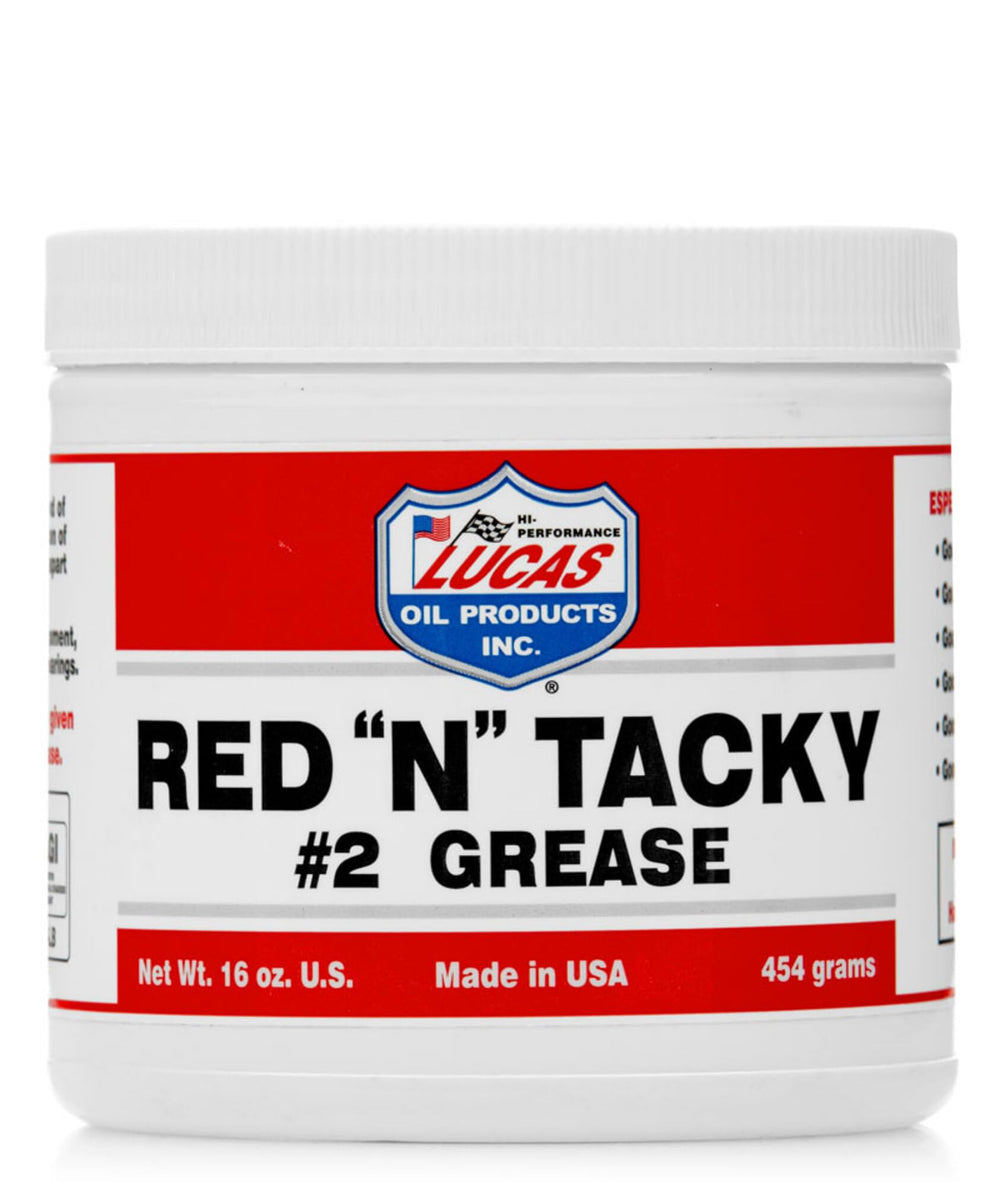 Lucas Oil RED-N-TACKY grease tube for heavy-duty automotive and farm equipment lubrication.