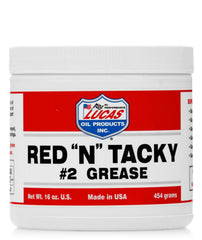 Lucas Oil RED-N-TACKY grease tube for heavy-duty automotive and farm equipment lubrication.