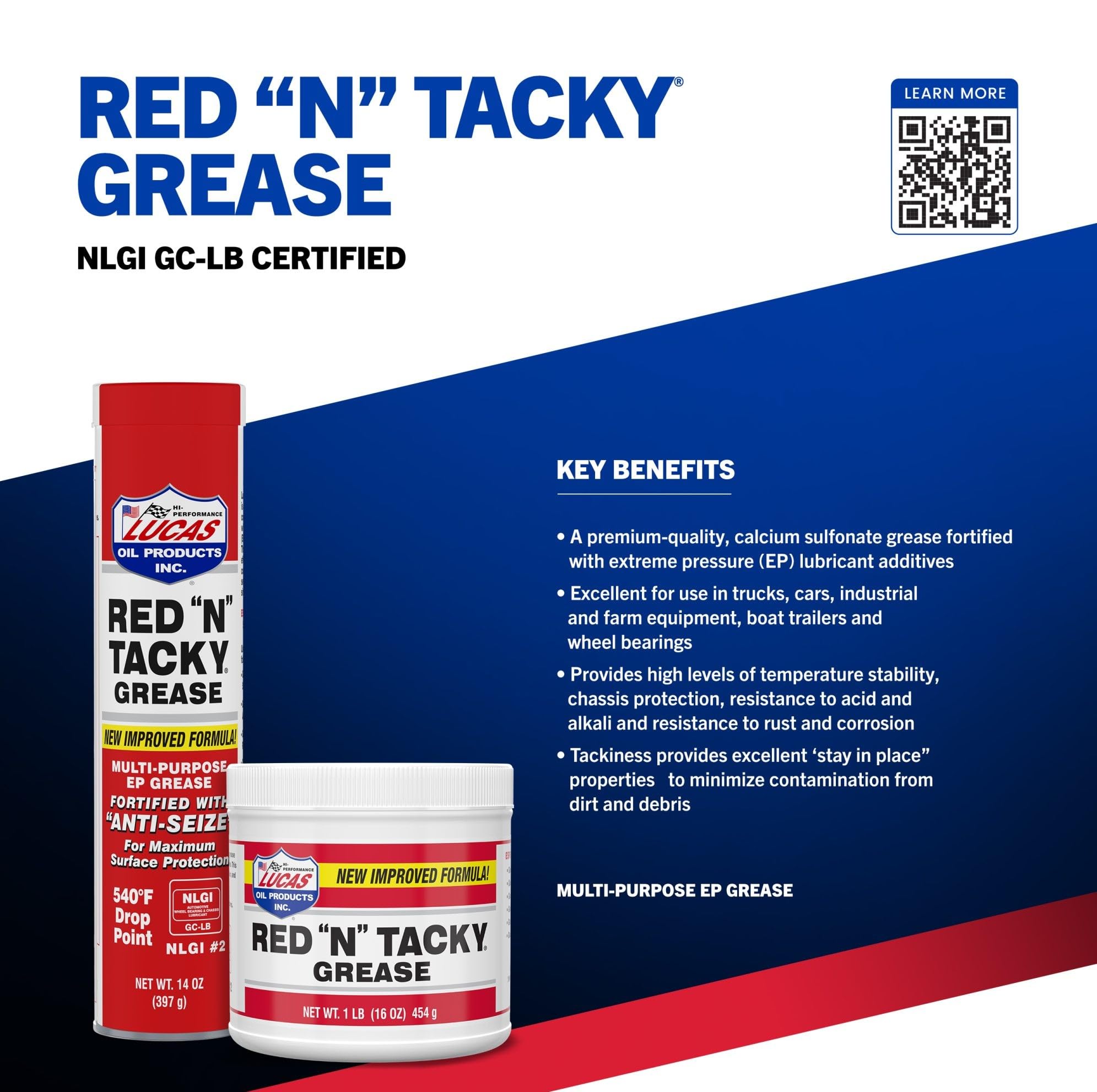 Lucas Oil Red N Tacky Grease protects plain bearings and open gears under heavy loads.