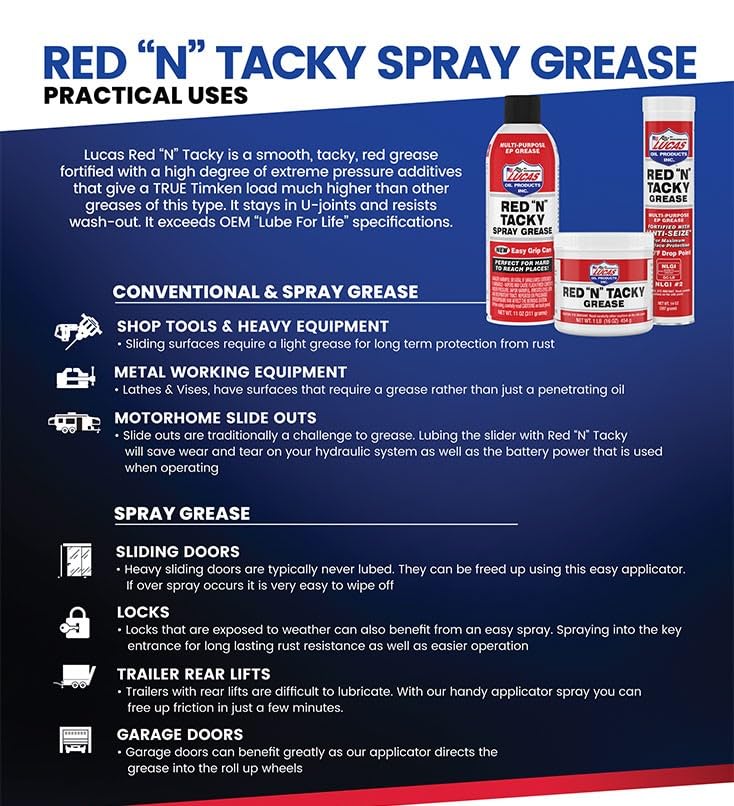 Lucas Oil Red N Tacky Grease shows excellent mechanical stability for long service life.