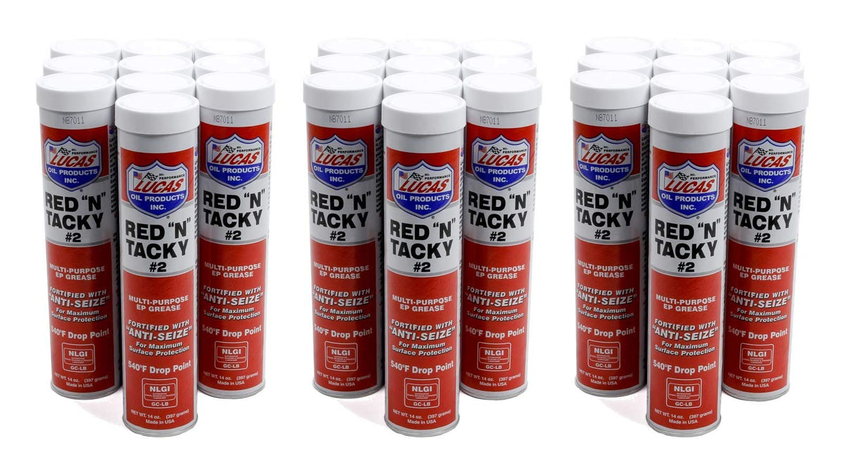 Lucas Oil Red-N-Tacky grease tube for rust protection and water resistance.