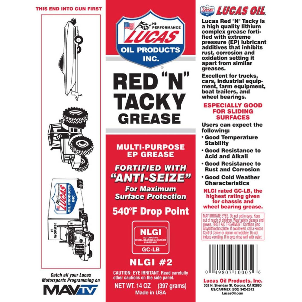 Lucas Oil Red N Tacky cartridge closeup shows thick red grease for heavy-duty applications
