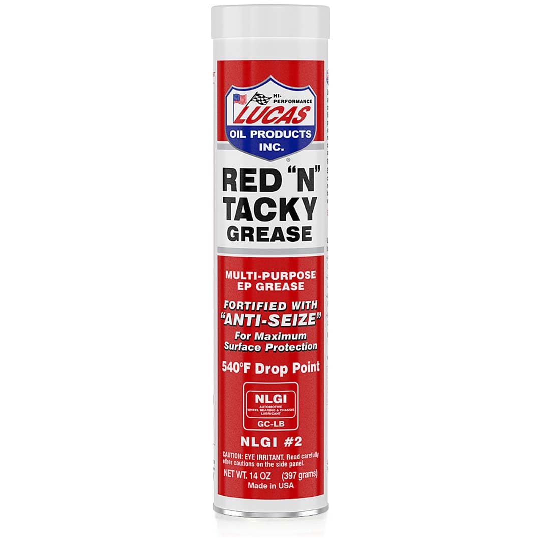 Lucas Oil Red N Tacky grease being dispensed from a 14 oz cartridge for durable lubrication