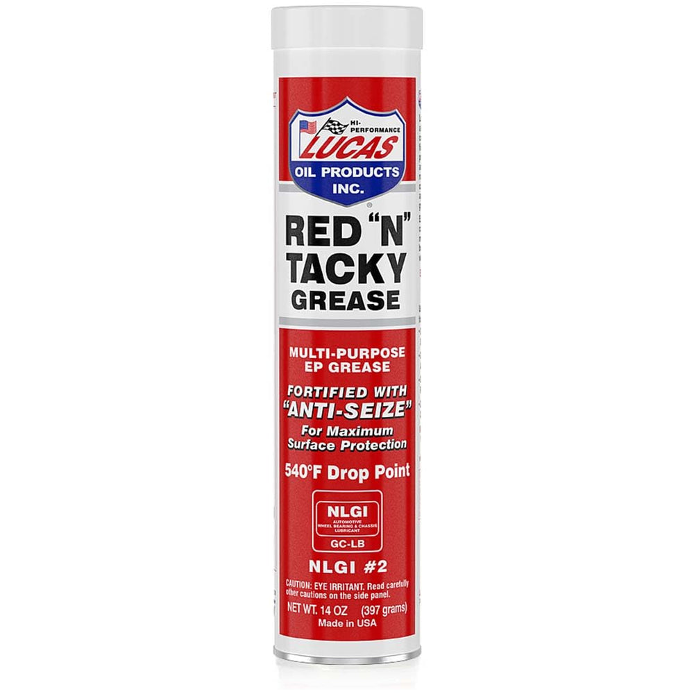 Lucas Oil Red N Tacky grease being dispensed from a 14 oz cartridge for durable lubrication