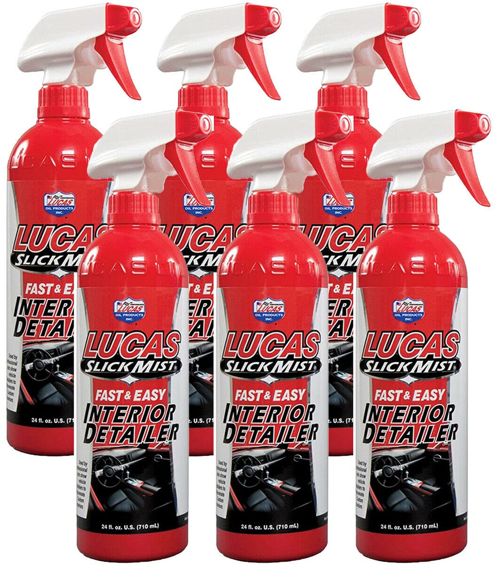 Lucas Oil Slick Mist Interior Detailer bottle shows a quick-clean interior surface solution