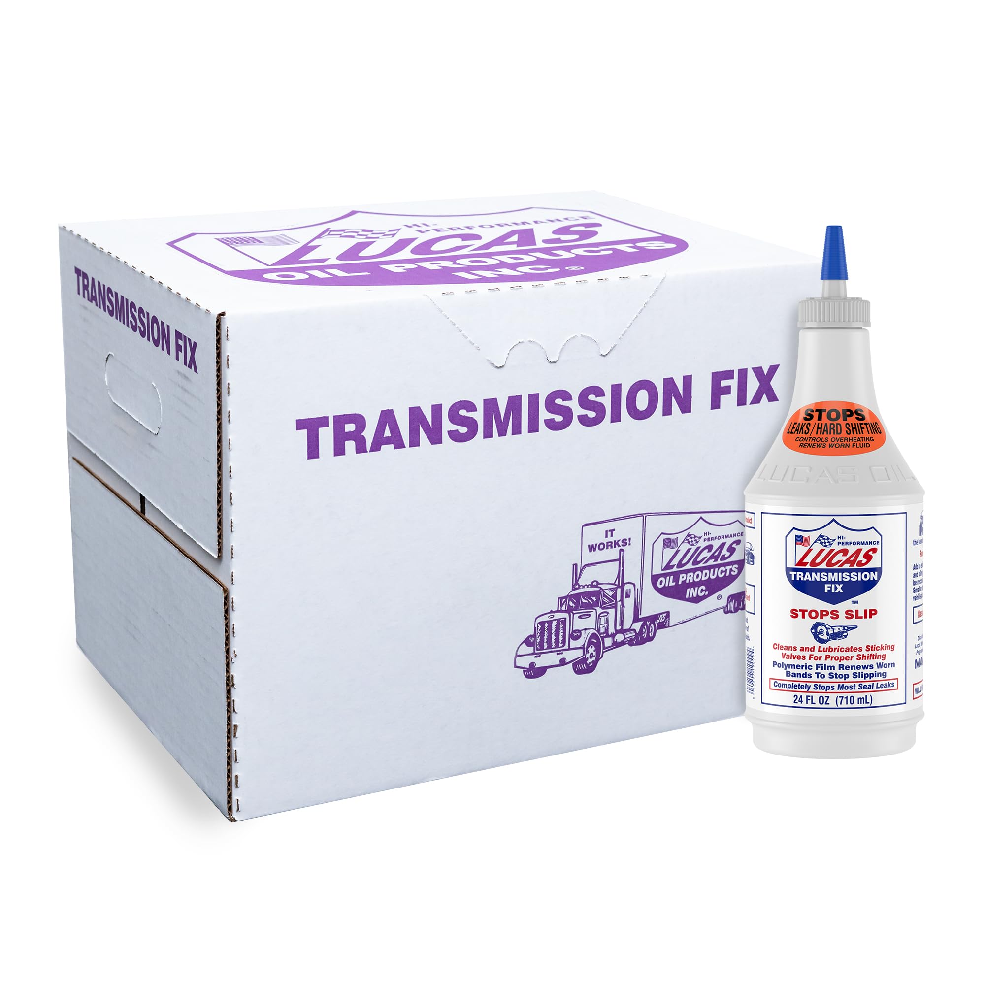 Lucas Oil Transmission Fix bottle front promotes smoother gear shifts