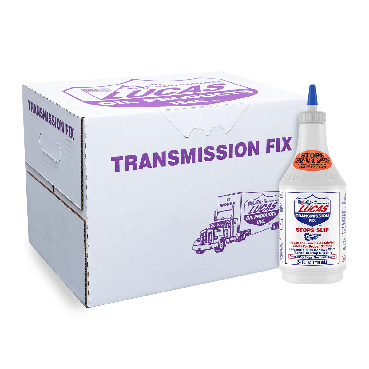 Lucas Oil Transmission Fix bottle front promotes smoother gear shifts