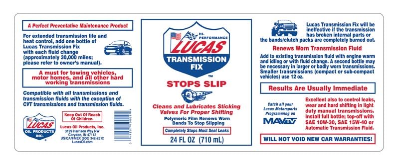 Lucas Oil Transmission Fix amber liquid close-up shows color and consistency