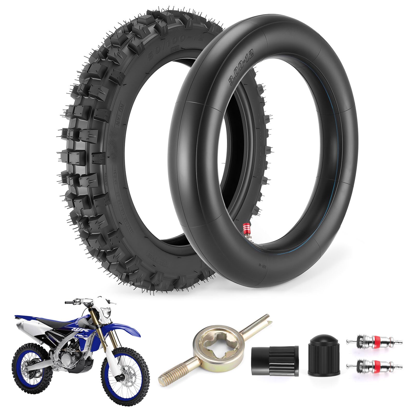 Lucky Seven 80/100-12 dirt bike tire with aggressive knobby tread for rugged dirt traction.