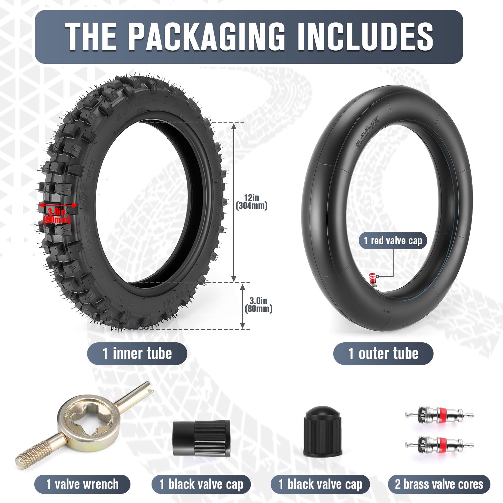 Lucky Seven packaging includes tire, inner tube, valve caps, and tools for on-the-go repairs.