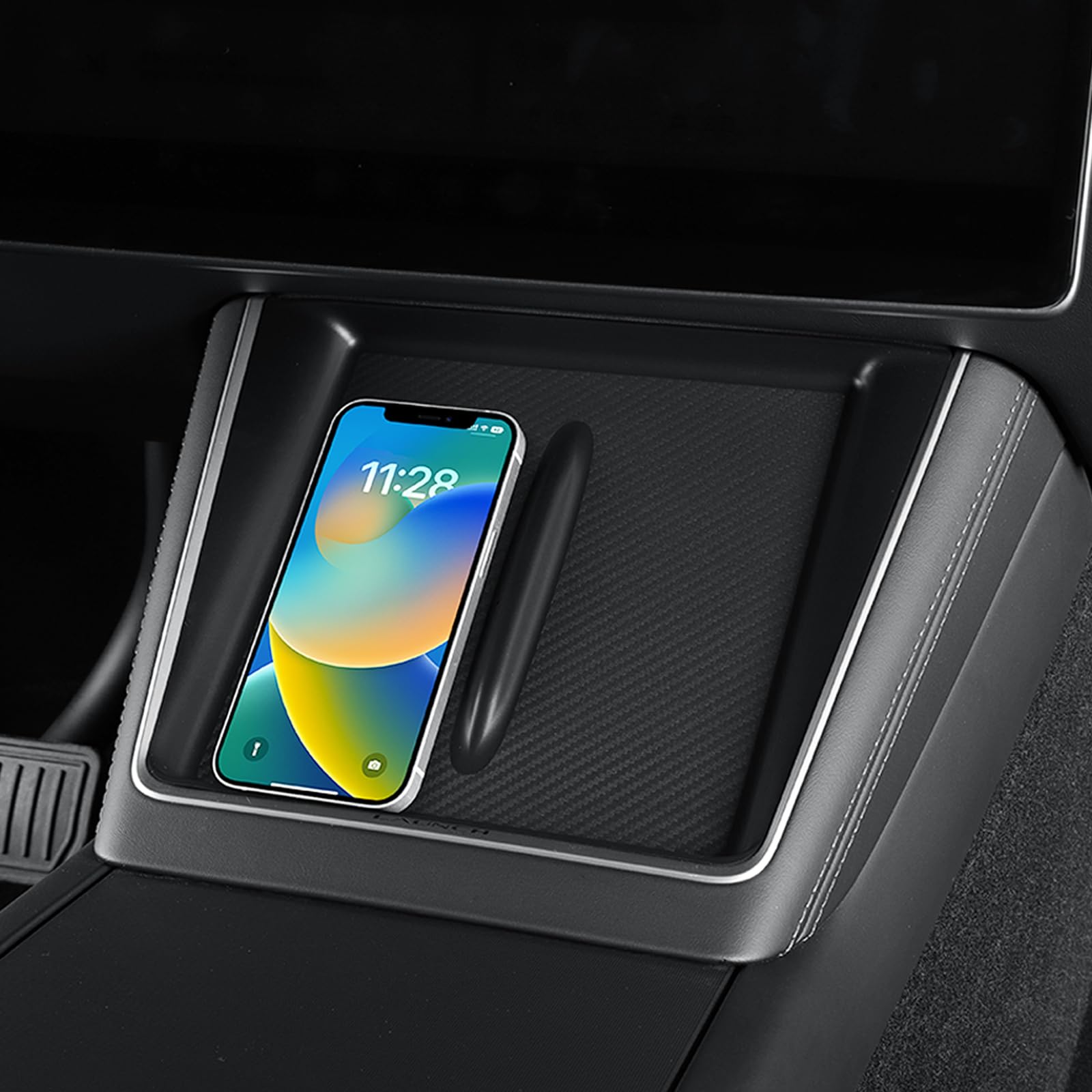 LUCKEASY silicone charging-zone mat protects Model Y interior from scratches