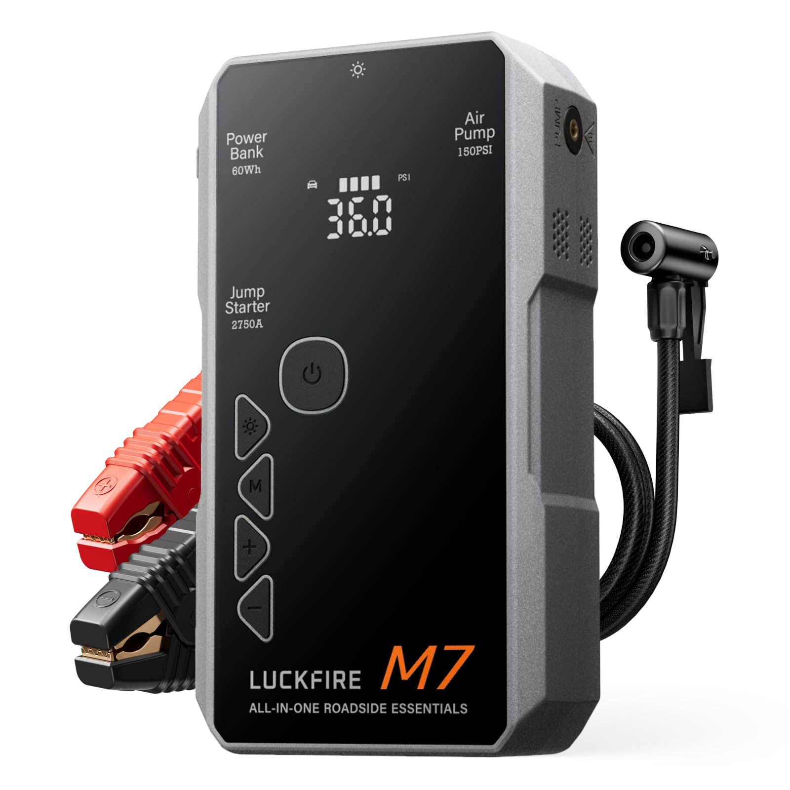 Luckfire M7 front view jump starter ready for roadside boosts.