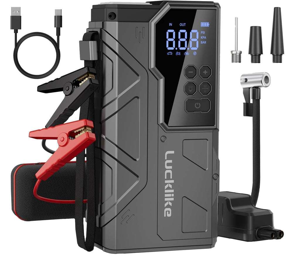 Lucklike W210 jump starter with air compressor for quick roadside starts.